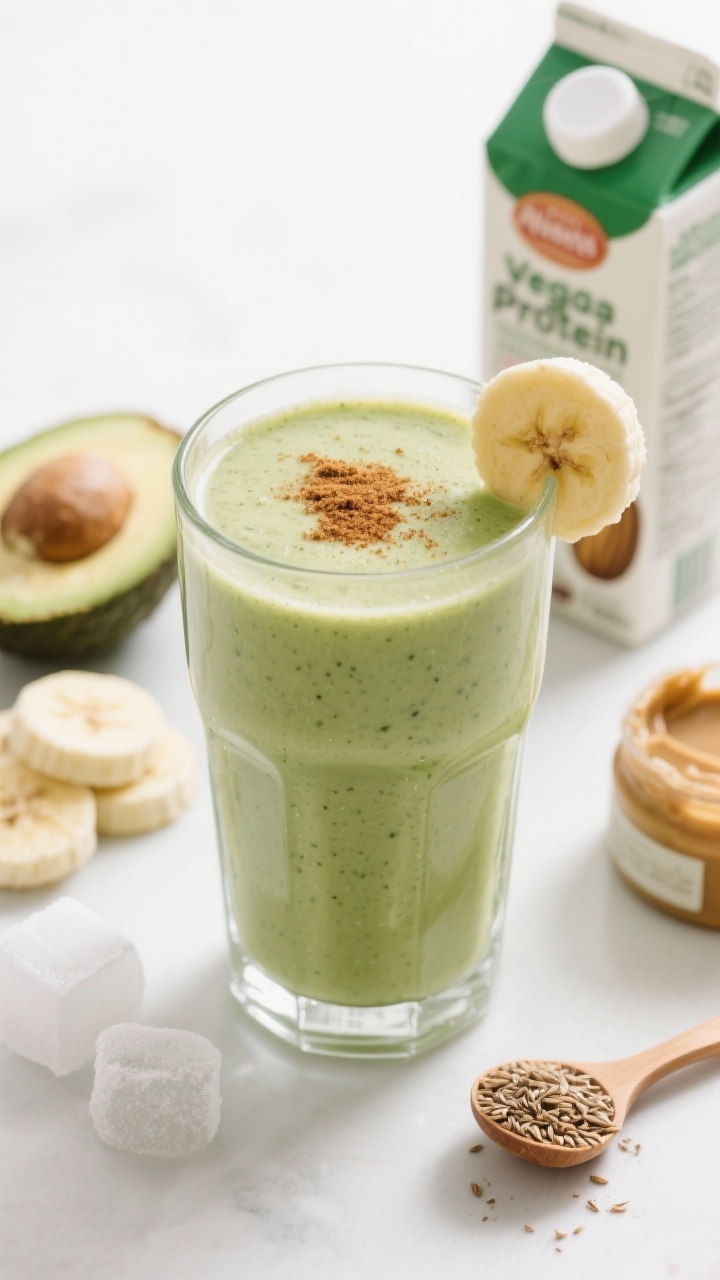 A 45-degree angle shot of a Creamy Green Smoothie in a clear tall glass, ultra-silky texture, pale green hue from spinach and avocado; garnished with a dusting of cinnamon and a thin banana slice on the rim; ingredients staged behind: half avocado, frozen banana coins with frost, peanut butter spoon, ground flax, a scoop of vegan protein powder, and almond milk carton; clean, bright studio light.