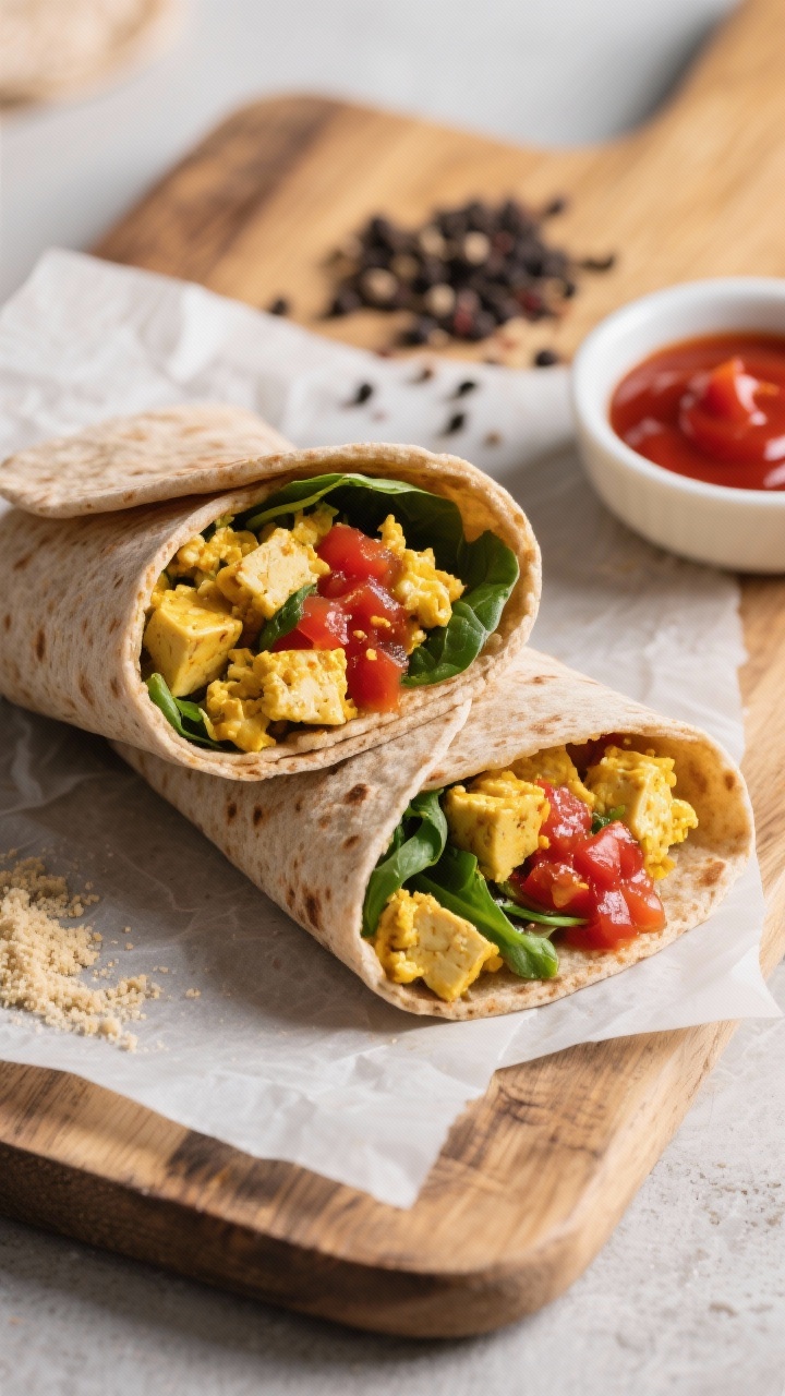 A 45-degree angle shot of a Five-Minute Tofu Scramble Wrap sliced in half to reveal golden turmeric-stained crumbled tofu, baby spinach, and vibrant red salsa inside a whole wheat tortilla; set on parchment over a rustic board with a small dish of chili hot sauce, a sprinkle of black pepper and nutritional yeast, and a pinch of kala namak nearby; warm, on-the-go vibe, shallow depth of field highlighting the savory filling.