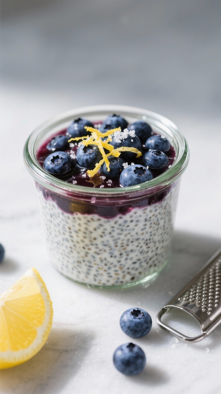 A clean, 45-degree angle ingredient-to-final transition of Blueberry-Lemon Chia Pudding in a glass jar: visible layers of speckled chia pudding (coconut milk, maple, vanilla, lemon zest) and juicy blueberries, some lightly burst for jammy swirls; topped with lemon zest strands and a pinch of salt; extra blueberries and a micro-grater with lemon nearby; cool-toned, grab-and-go mood.