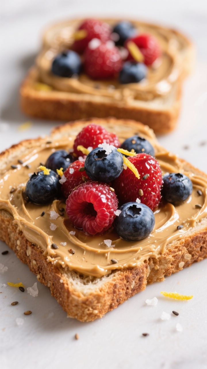 A close-up, straight-on shot of Peanut Butter Berry Toast: two slices of toasted whole grain bread lavishly spread with natural peanut butter, piled with glistening mixed berries (blueberries, raspberries, strawberries), a light maple drizzle, chia seed sprinkle, flaky salt crystals, and a whisper of lemon zest; captured with juicy berry shine and creamy peanut butter swirls, bright natural light.