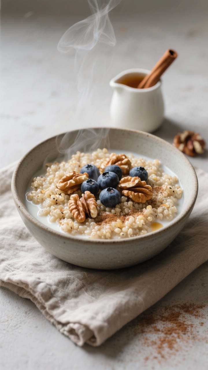A cozy, straight-on bowl shot of Maple Walnut Quinoa Porridge steaming hot: fluffy quinoa simmered to a creamy consistency with oat milk, ribboned with maple syrup, cinnamon dusting, and vanilla notes; topped with chopped walnuts and a handful of fresh blueberries; served in a matte ceramic bowl on a linen napkin with a small pitcher of maple syrup and a cinnamon stick for warmth.