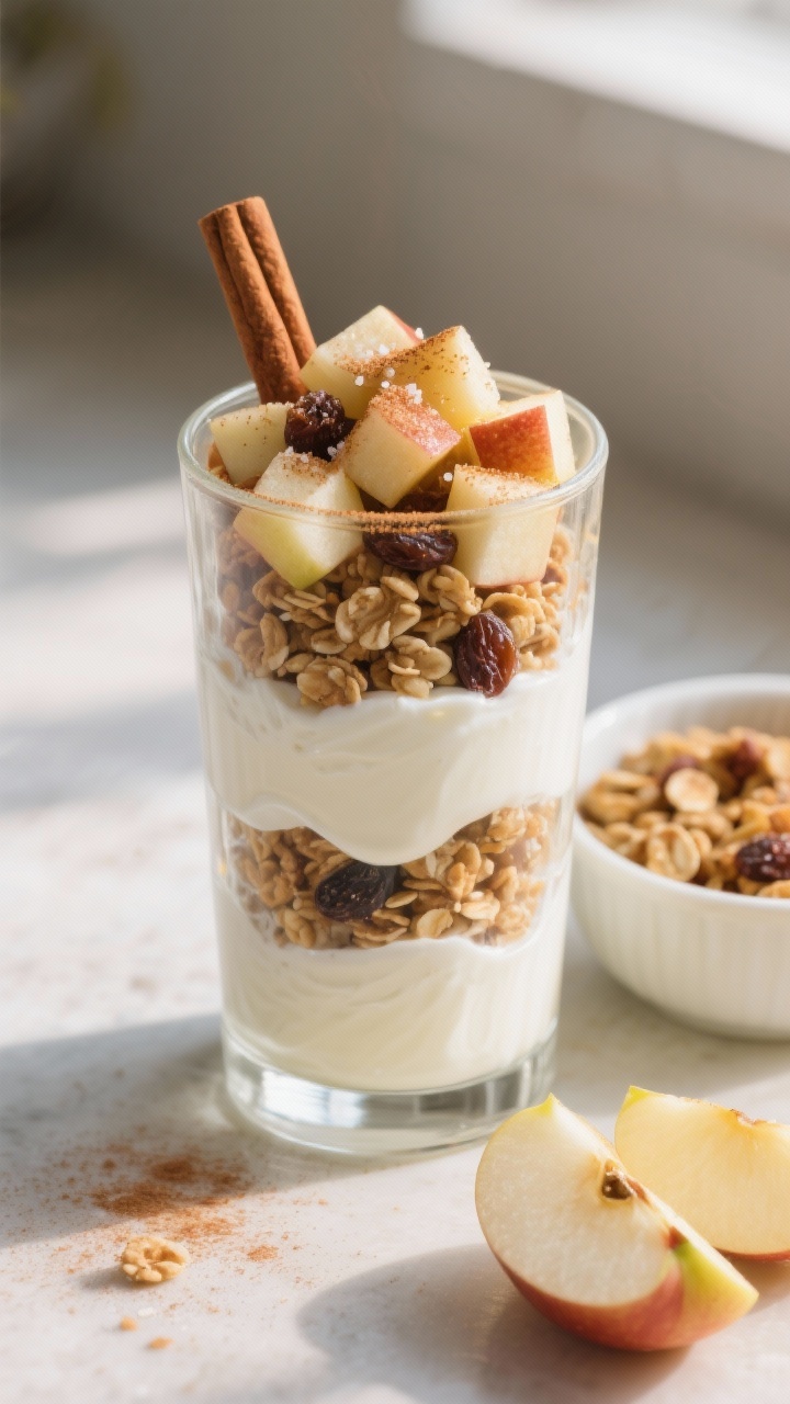 A straight-on parfait stack of Cinnamon Apple Yogurt in a clear tumbler: layers of plain vegan yogurt, cinnamon-maple tossed apple dice with a tiny pinch of salt, crunchy vegan granola, and raisins; finished with an extra dusting of cinnamon and a hint of lemon; a small bowl of granola and sliced apples staged beside; crisp, autumnal mood with soft morning light.