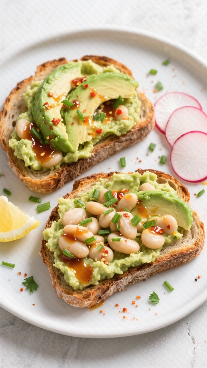 An overhead plated presentation of Avocado White Bean Toast: two slices of toasted sourdough slathered with a mash of ripe avocado and white beans seasoned with lemon juice, garlic powder, salt, and pepper; finished with glossy chili crisp drizzle and a scatter of fresh chives and parsley; thinly sliced radishes for crunch on the side; bright, zippy colors, crisp focus.