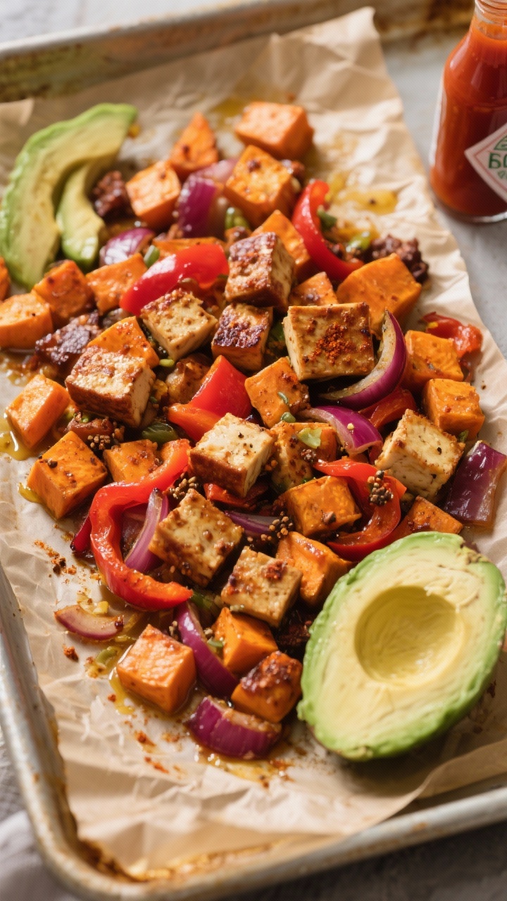 An overhead sheet-pan scene of Sweet Potato Hash with Smoky Tempeh fresh from the oven: small-diced caramelized sweet potatoes, red bell pepper, and red onion tossed with olive oil, smoked paprika, cumin, and tamari-kissed tempeh, edges crisp and browned; served with sliced avocado and a bottle of hot sauce on the side; baking parchment wrinkled, warm golden light for roasted appeal.
