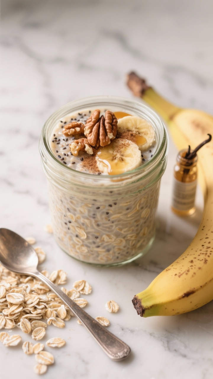 An overhead shot of Banana Bread Overnight Oats in a glass jar on a cool marble surface, creamy oats swirled with mashed banana and chia seeds, dusted with cinnamon, a drizzle of maple syrup, and topped with chopped walnuts; a spoon rests beside, with scattered rolled oats, a ripe banana, and a small vial of vanilla extract for context; soft morning light, neutral tones, crisp focus on the oat texture.