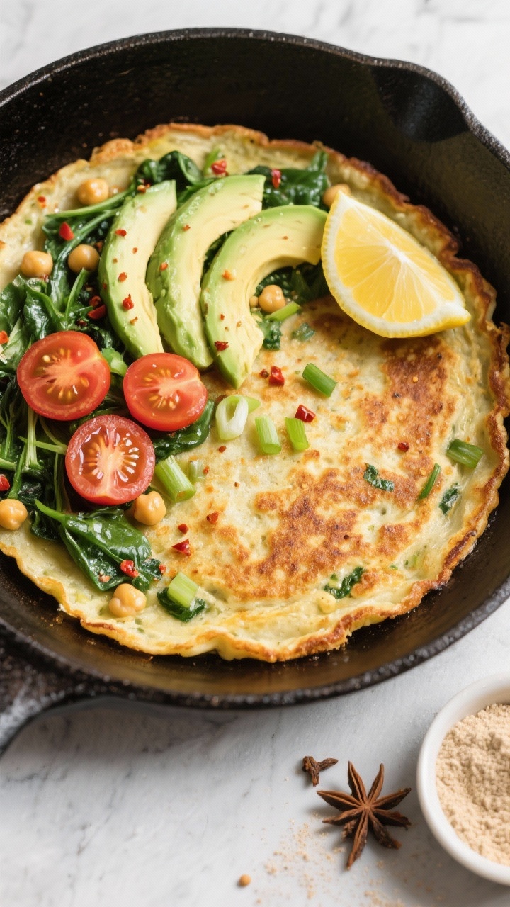 An overhead skillet scene of a Savory Chickpea Pancake (socca-style) just cooked: crisp, golden edges with a fluffy center, flecked with scallions and wilted baby spinach, a pinch of chili flakes visible; topped with fanned avocado slices, halved cherry tomatoes, and a lemon wedge on the side; a small bowl of chickpea flour and cumin nearby, emphasizing the one-pan simplicity.